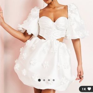 ASOS LUXE sweetheart corseted puff sleeve mini dress with 3D flowers in white